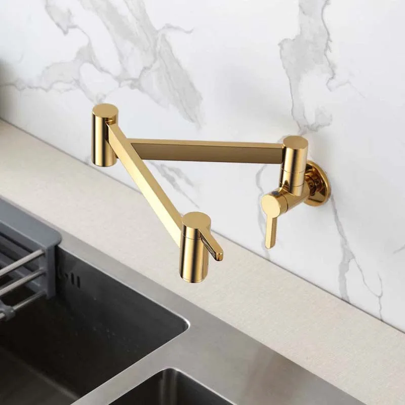 Brass Kitchen Faucets Brushed Gold New Sink Mixer Taps Wall Mounted Dual Handle Single Cold Foldable Stretch & Rotatable Type