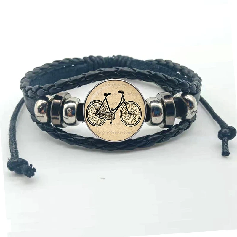 New Fashion Steampunk Retro Bicycle Black Bracelet, DIY Glass Convex Woven Jewelry Leather Bracelet (Men and Women)