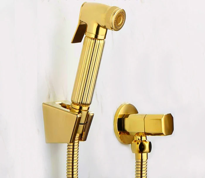 Toilet shiny gold Hand held Diaper copper Bidet Sprayer Shower Shattaf Spray Douche kit Jet & Golden angle valve BD211-B