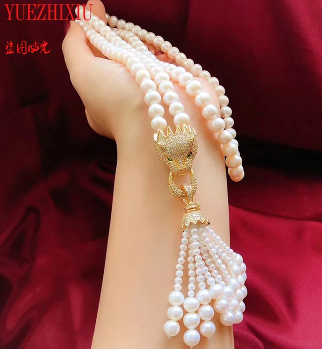 AAA+ natural 8-9mm white freshwater pearl necklace Leopard head inlay zircon 5-6mm tassel sweater chain jewelry