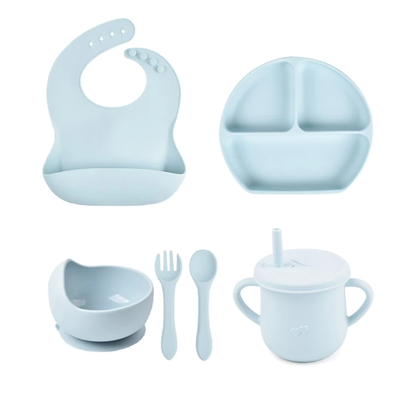 

6PCS/Set Baby Silicone Tableware Cup Bowl Plate/Tray Bibs Spoon Fork Sets Children Non-slip Feeding BPA Free Dinnerware Dinner