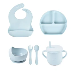 6PCS/Set Baby Silicone Tableware Cup  Bowl Plate/Tray Bibs Spoon Fork Sets Children Non-slip Feeding BPA Free Dinnerware Dinner