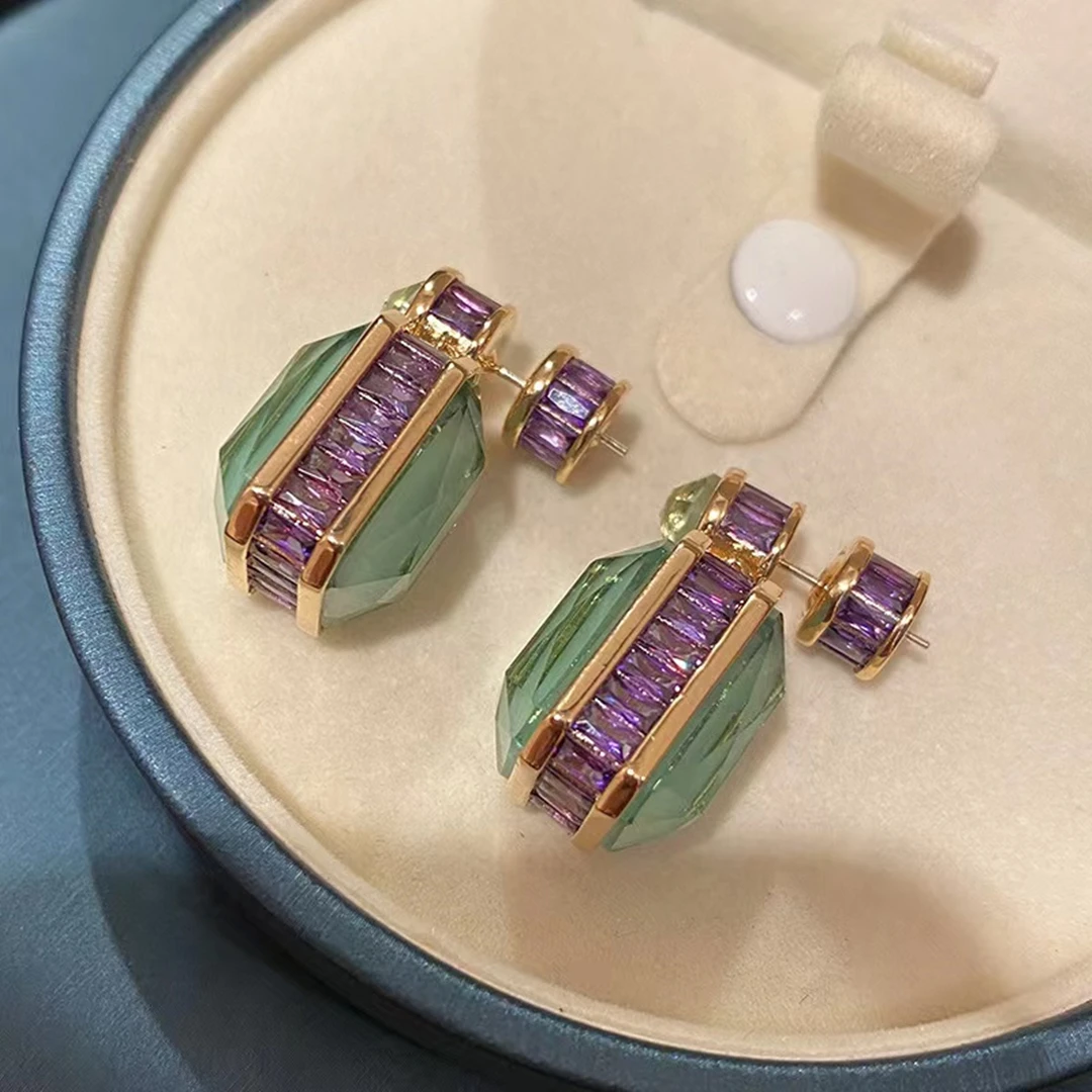 High-quality Women Light Luxury Peridot Green gem Earrings Side Micro-inlaid Purple Cubic Zirconia Retro Earrings Gifts Jewelry