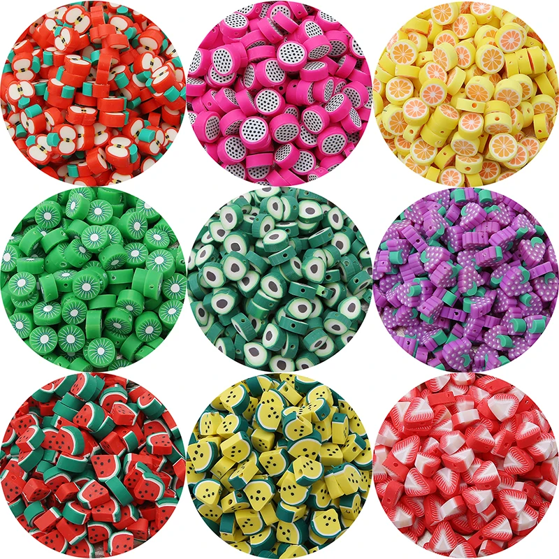 30Pcs/lot 9-11mm Clay Fruit Apple Orange Avocado Strawberry Mix Color Polymer Spacer Beads For Girls Jewelry Making DIY Bracelet