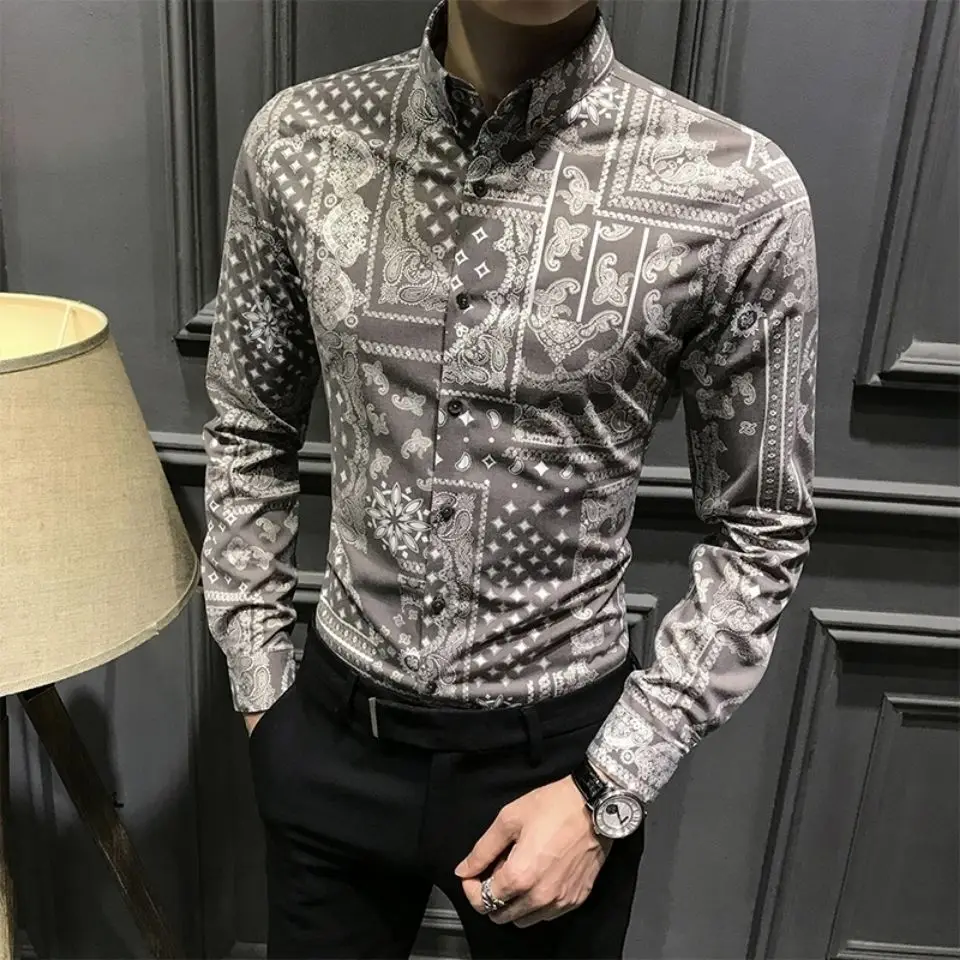 2024 autumn new men\'s handsome floral shirt Korean fashion personality long sleeve printed shirt casual slim jacket