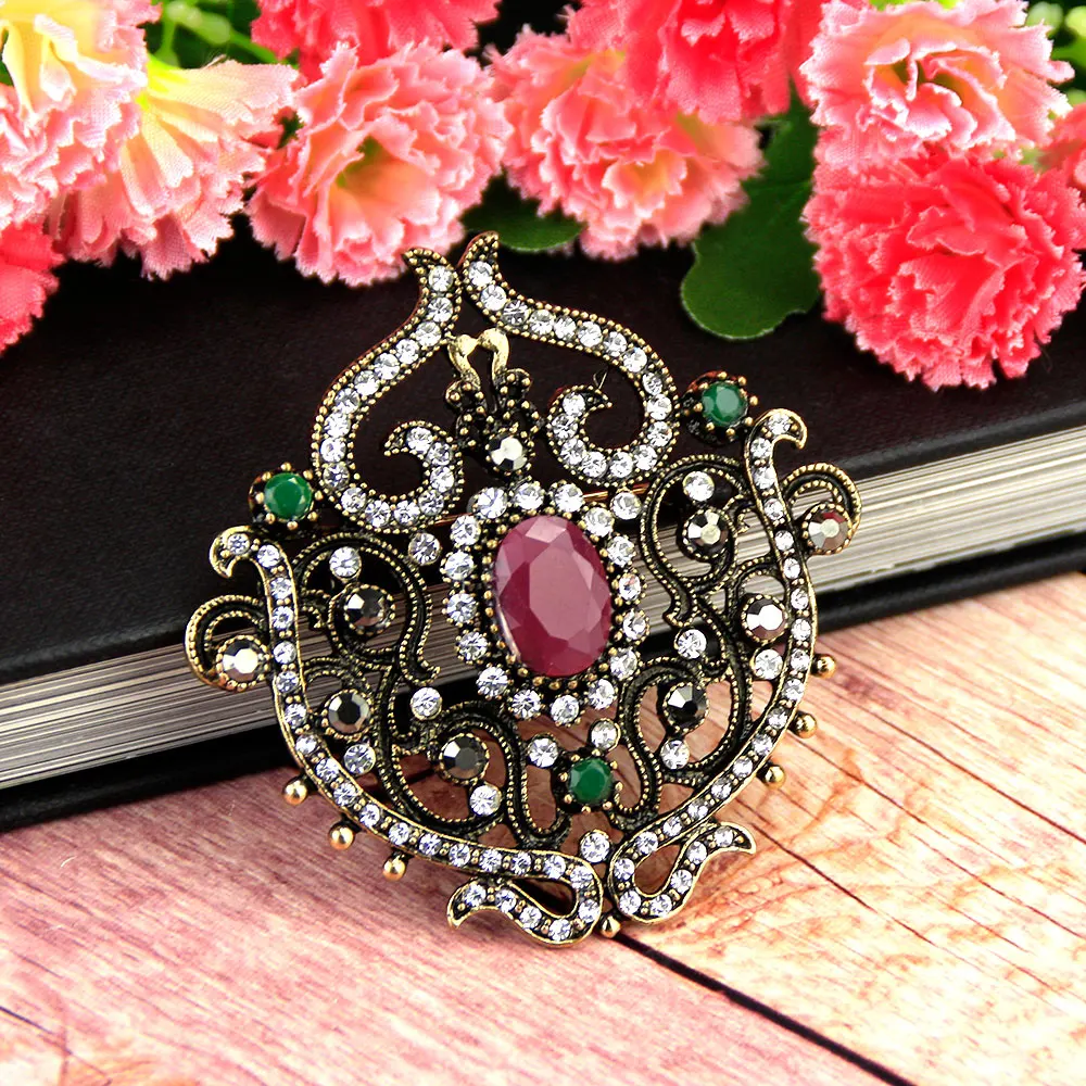 Sunspicems Vintage Turkish Crystal Brooch Pin for Women Hijab Lapel Resin Jewelry Hat Badge Antique Gold Color Bohemia Gift