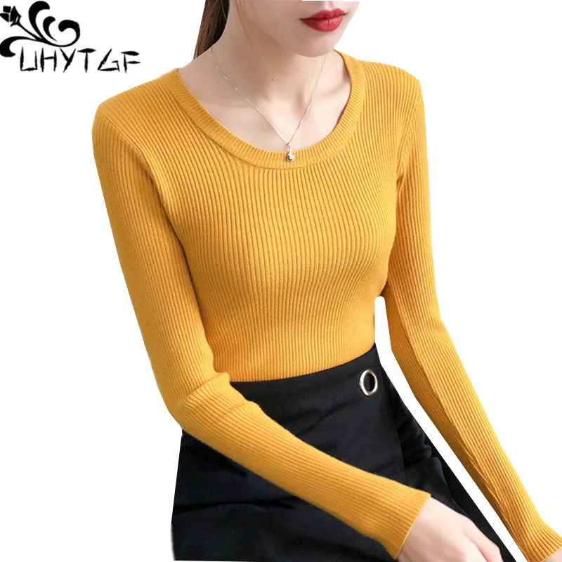 

UHYTGF Female winter sweaters Long sleeve knit pullover autumn sweater women O neck slim soft Elasticity Short sweater women 242