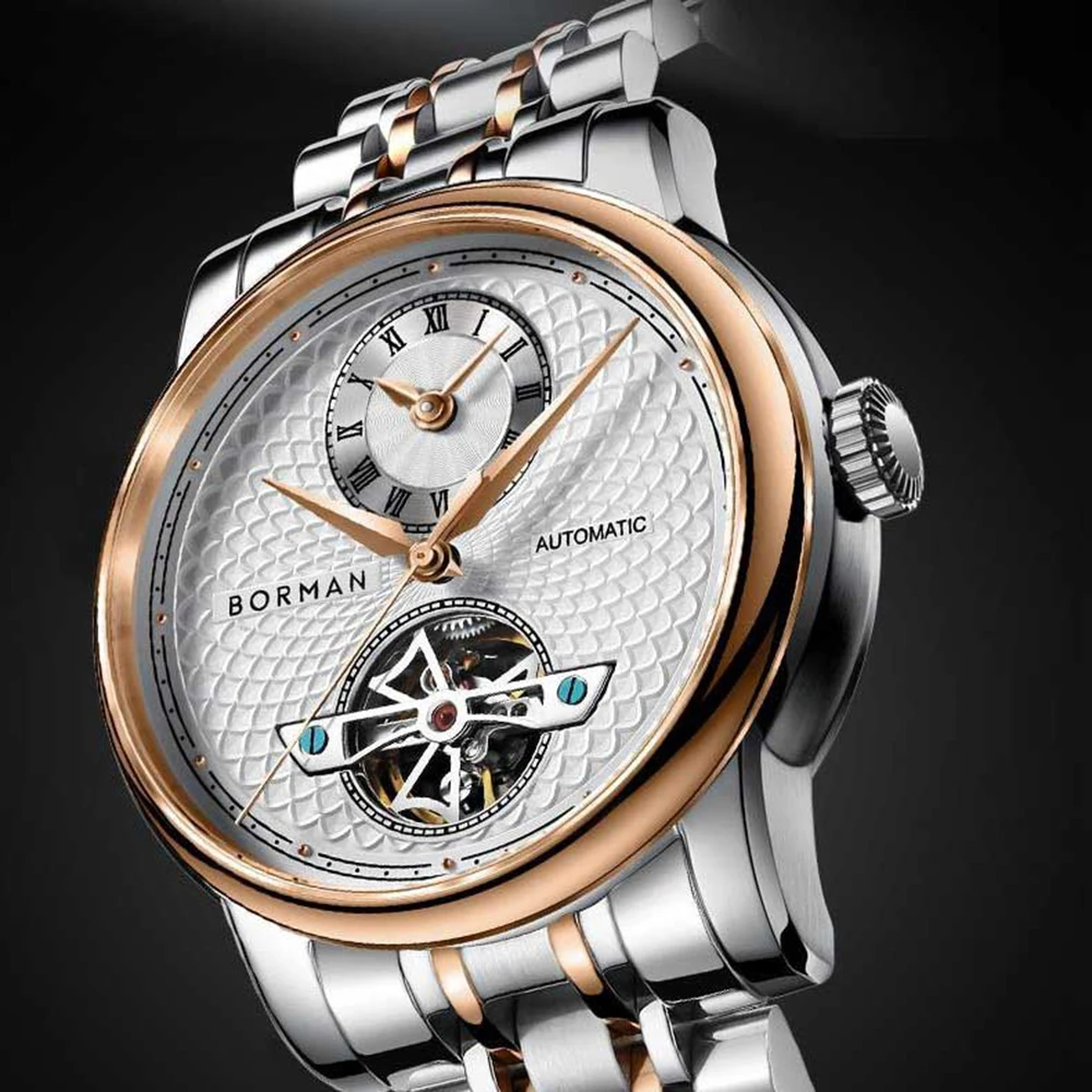 ساعة ميكانيكية أوتوماتيكية للرجال، ساعات رجالي بورمان فاخرة للرجال، ساعة يد ذاتية الرياح مقاومة للماء، هيكل عظمي، حزام فولاذي