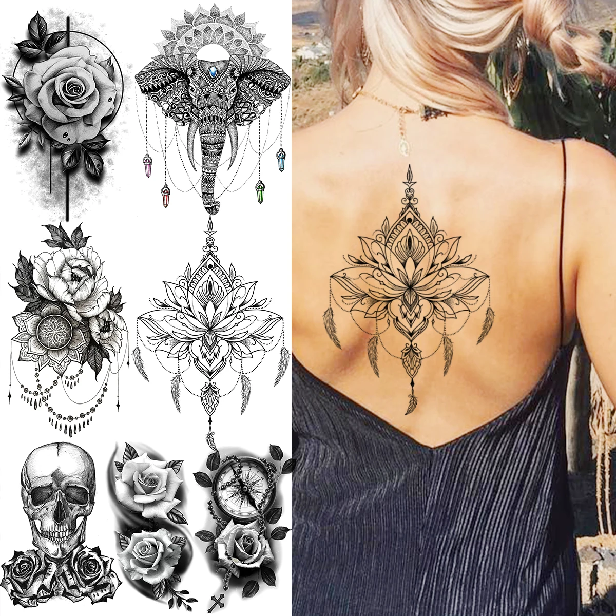 Lotus Henna Temporary Tattoos For Women Girls Realistic Elephant Skull Flower Fake Tattoo Sticker Back Tatoos Arm Underboob Back