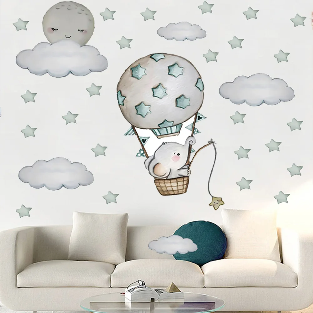 Hot Air Balloon Wall Decals Cloud Moon Stars PVC Cartoon Baby Elephant Wall Stickers for Kids Room Baby Nursery Room Decoration