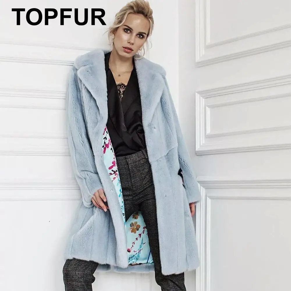 TOPFUR Natural Mink Fur Coat Women Winter Coat Blue Jacket With Lapel Collar Bule Mink Fur Genuine Leather Jackets Real Fur Coat