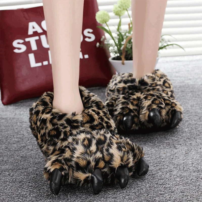 Gray Leopard Slippers For Ladies Crazzy Animal Paw Fur Slides Girsl Design Classic Shoes Women Slippers 2022 New Stylish Unisex