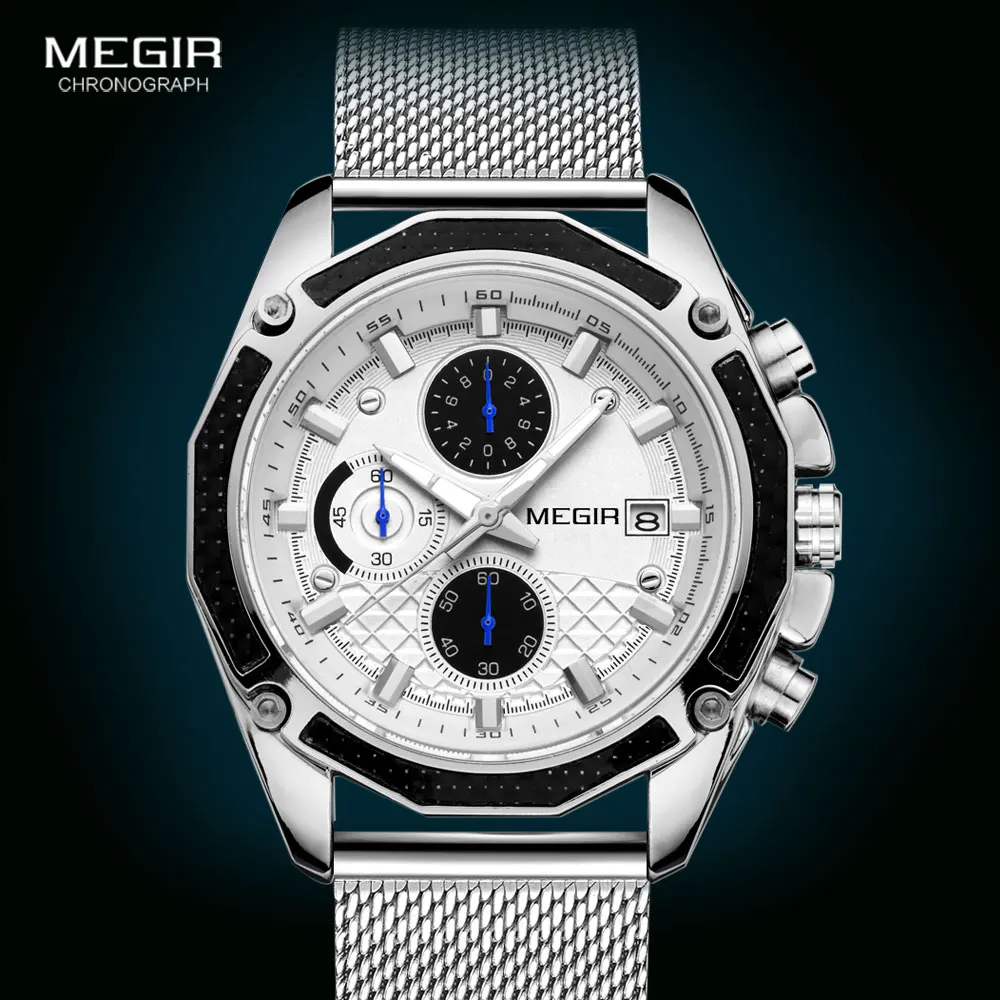 MEGIR Men\'s Watches 2020 Luxury Fashion Chronograph Quartz Watch for Man Mesh Strap Casual Army Sport Waterproof Wrist Watches