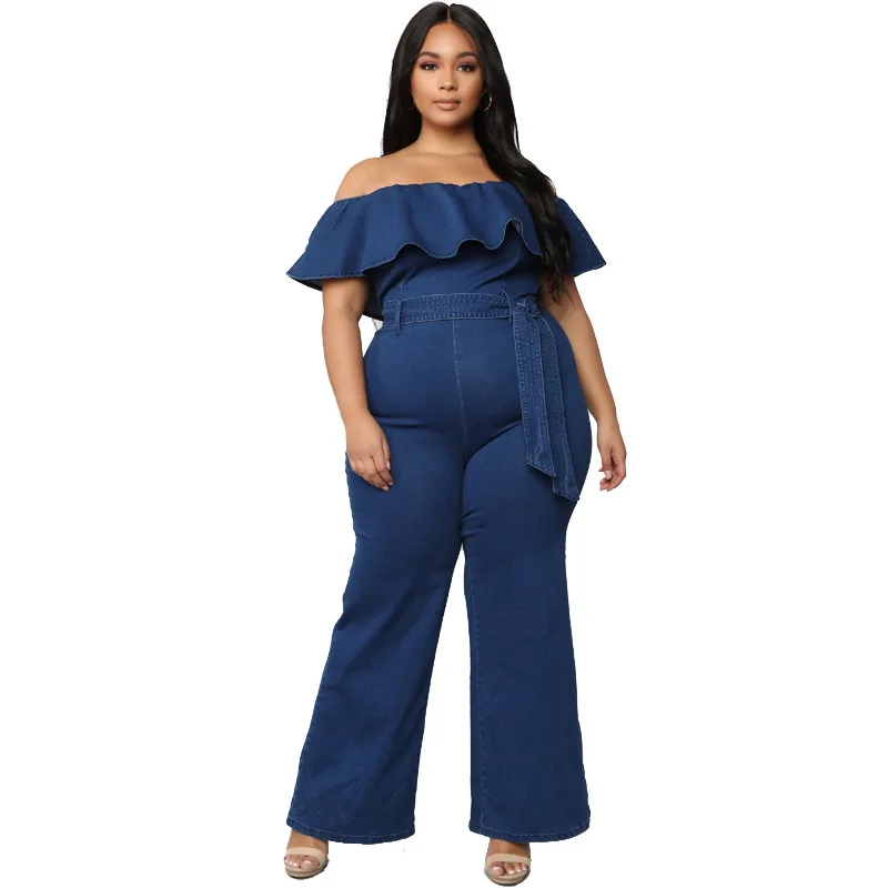 Plus Size 4XL Back Zip Sexy Slash Neck Jumpsuit Summer Ruffle Spliced Straight Romper Women Fashion Denim Overall with Sashes