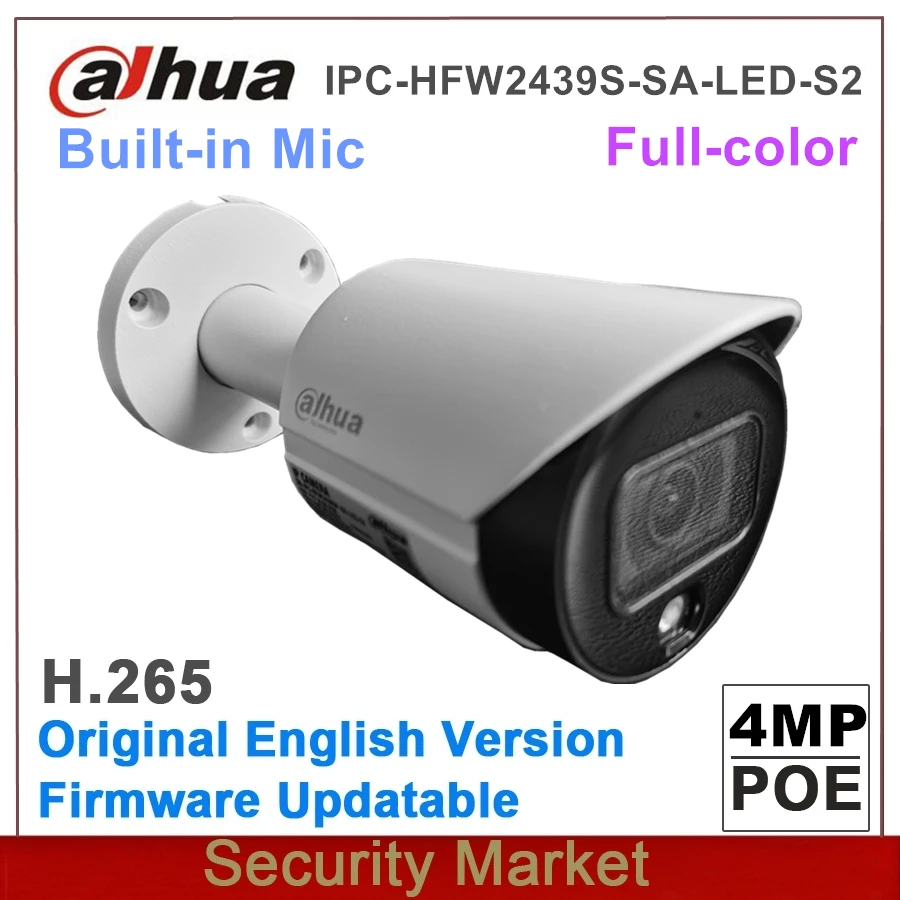 Original IP Dahua IPC-HFW2439S-SA-LED-S2 4MP POE Lite Full Color Built In Mic Fixed Focal Bullet Network Camera