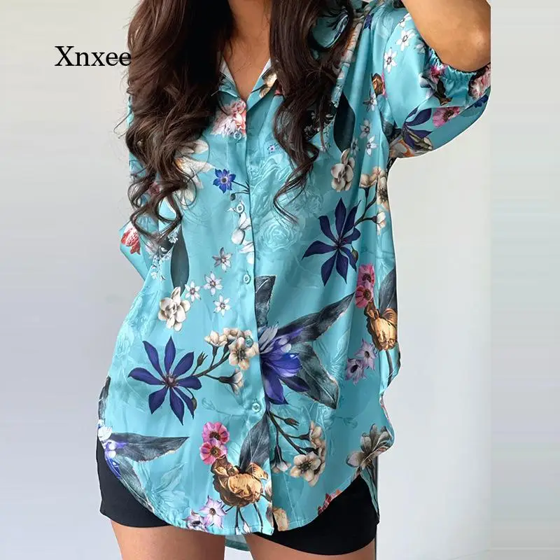 

Floral Print Shirts Sexy Fashion Fall Winter Lapel Casual Half Sleeves Loose Cardigan Buttons Long Blouses Elegant Office Shirts