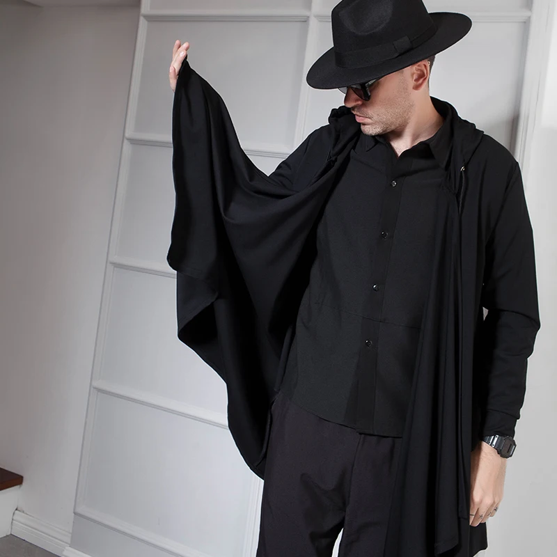 Men's coat European and American spring and Autumn style medium long loose hooded cape men casual large size trench coat trend