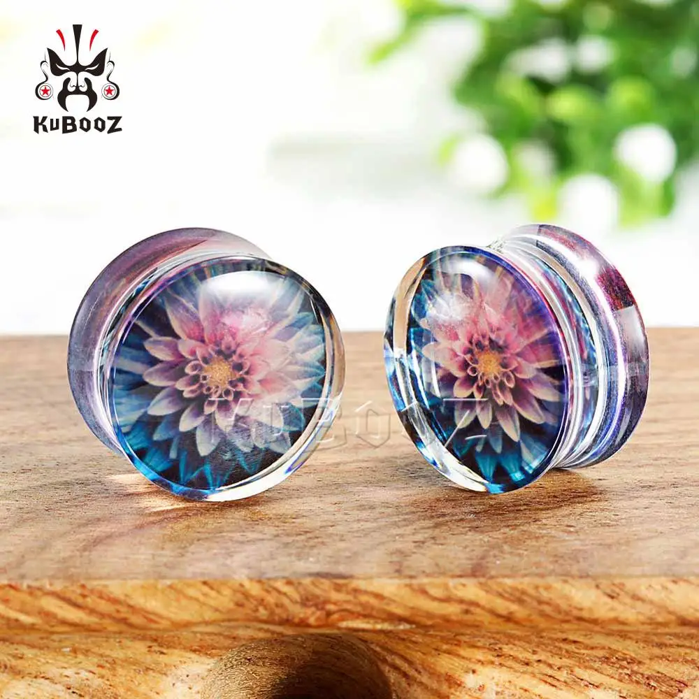 Kubooz New Colorful Flowers Design Simple Transparent Arylic Ring Body Jewellery Fashion Ear Plugs Gaugues Tunnels 2PCS