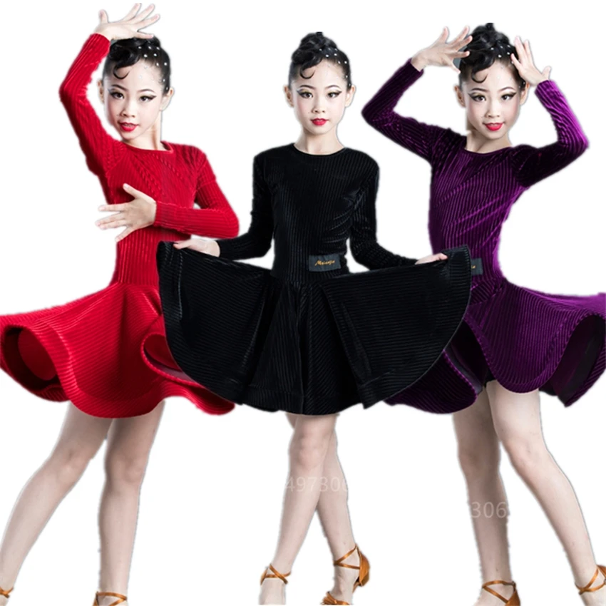 Latin Dance Dress Full Sleeve Velvet Skirts for Girl Children Autumn Winter Ballroom Tango Salsa Vestidos Women Stage Costume