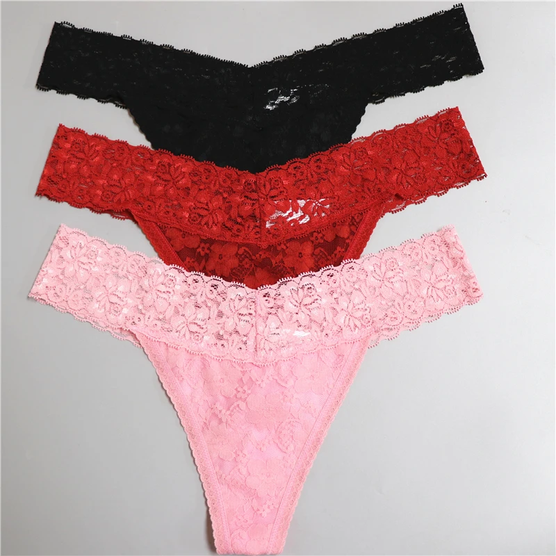 Tangas de encaje sin costuras para mujer, lencería femenina Sexy, Tanga con parte trasera en T, bragas, ropa interior, 3 uds.