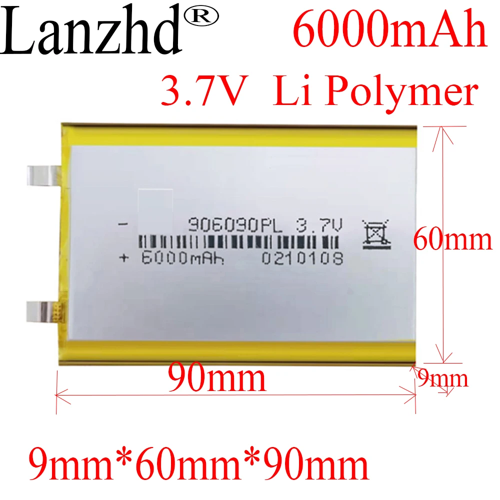 1-10PCS li-po Polymer battery 6000mah 3.7V 906090 smart home MP3 speakers Li-ion battery for dvr,GPS,mp3,mp4,cell phone,speak