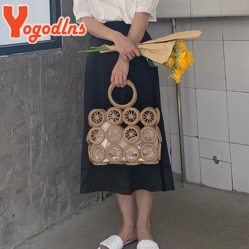 Yogodlns Summer Hollow Out Straw Bag Women Handmade Weave Handle Bag Beach Ladge Capacity Handbag Casual Rattan Lady Beach Bag