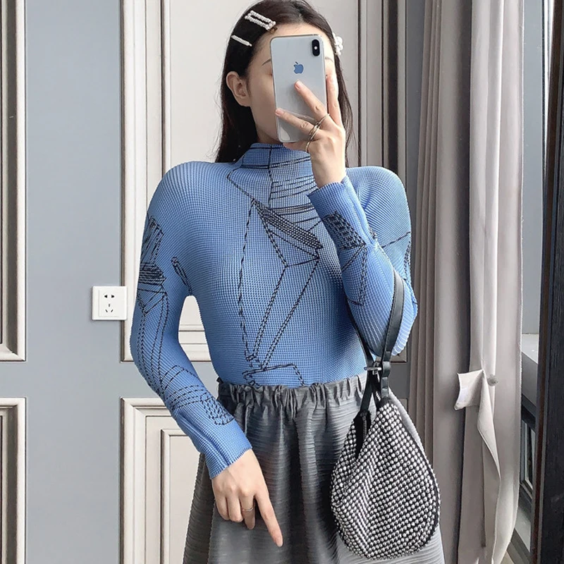 

miyake pleated printed women's top high collar 2021 autumn new fashion slim long-sleeved basic bottoming Tees for woman