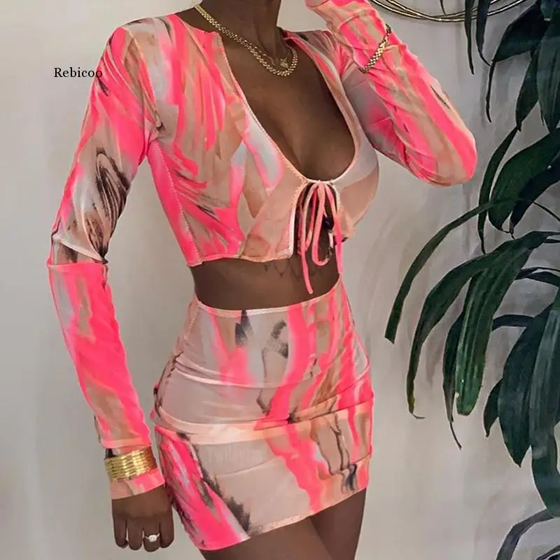 

Sexy See Though 2 Piece Outfits Full Sleeve V-Neck Bandage Sling Crop Top Mini Skirt and Top Set Women Party Club Two Piece Set