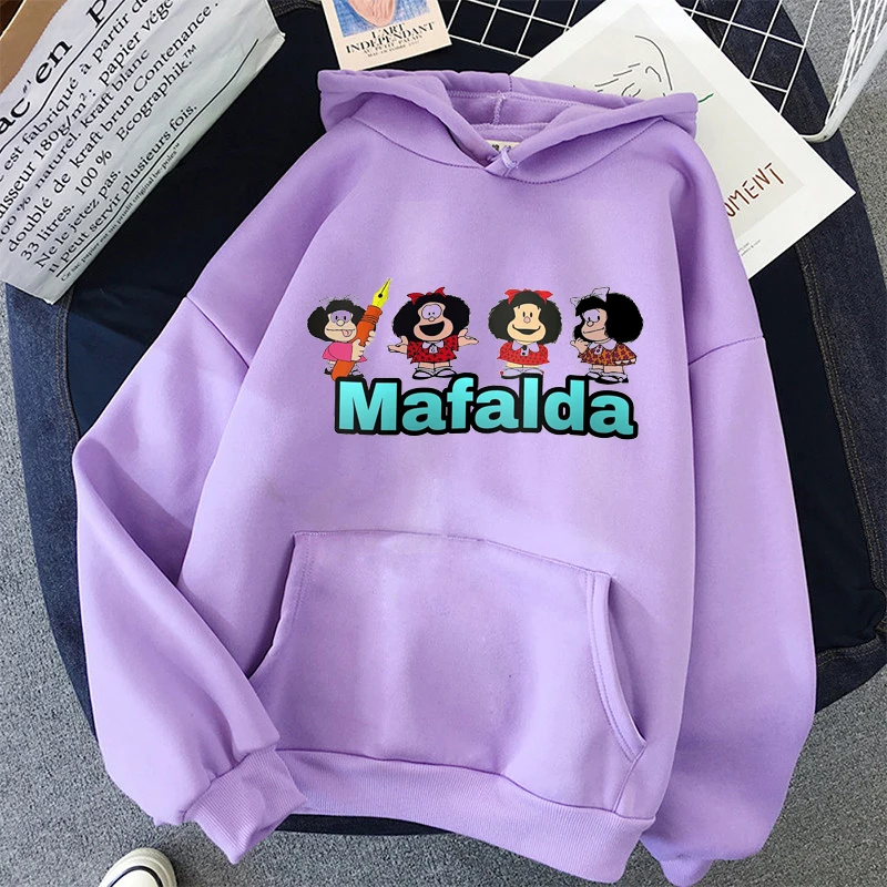 New women blue hoodie cute mafalda cartoon print winter femme sweatshirt tops Harajuku retro camiseta mujer hoodie streetwear