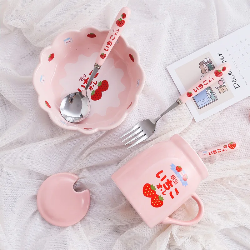 Pink strawberry mug cute ceramic cup with lid student water glass interesting gift milk bowl coffee bottle tea cup HP91901