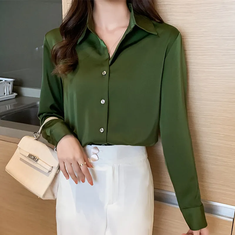 2023 Fashion Silk Shirt Women Long Sleeve Shirts Women White Shirt Woman Silk Blouse Tops Casual  Solid Basic Shirts Blouses