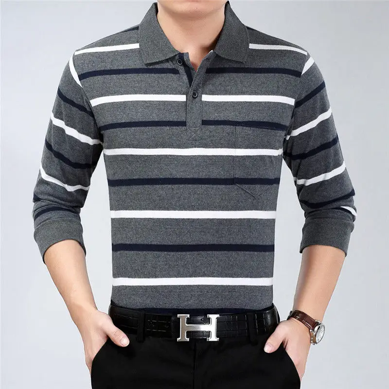 Long Sleeve Male Polo Shirt Work Wear Stripe Polo T Shirt For Men Tun Down Collar Autumn Winter Basic Office Clothes Casual