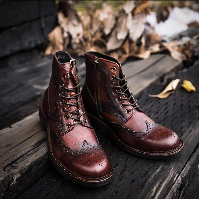 Yomior Top Vintage Old Handmade Men Brogue Boots Tooling Cow Leather Shoes British Zipper Ankle Boots Desert Motorcycle Boots