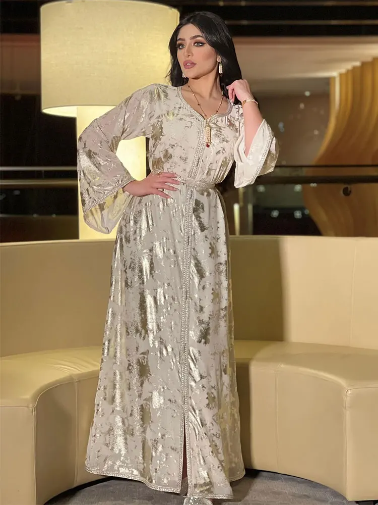 Evening Kaftan Jalabiya Women Gold Stamping Chiffon Muslim Arab Long Dress Moroccan Caftan Party Wedding White Abaya Ramadan
