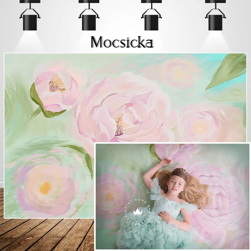 

Mocsicka Hand Painted Blooming Flowers Photocall Background Photo Studio Pink Floral Green Leaf Decor Photography Backdrop Props