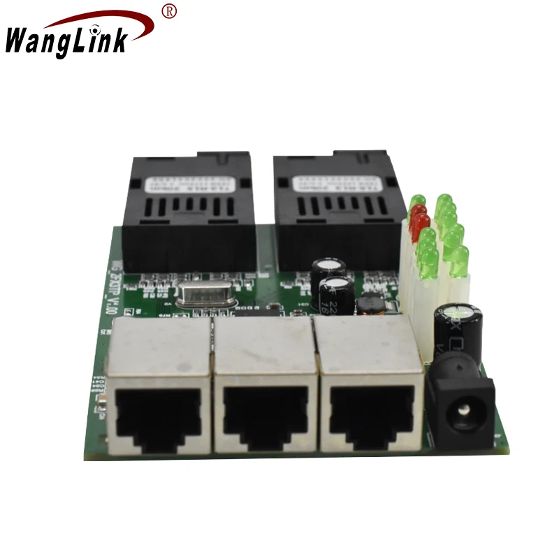 Wanglink-Ethernet Fast Fiber Optic Media Converter, 10/100M, 3 RJ45 Single Mode, 2 SC Fiber PCBA