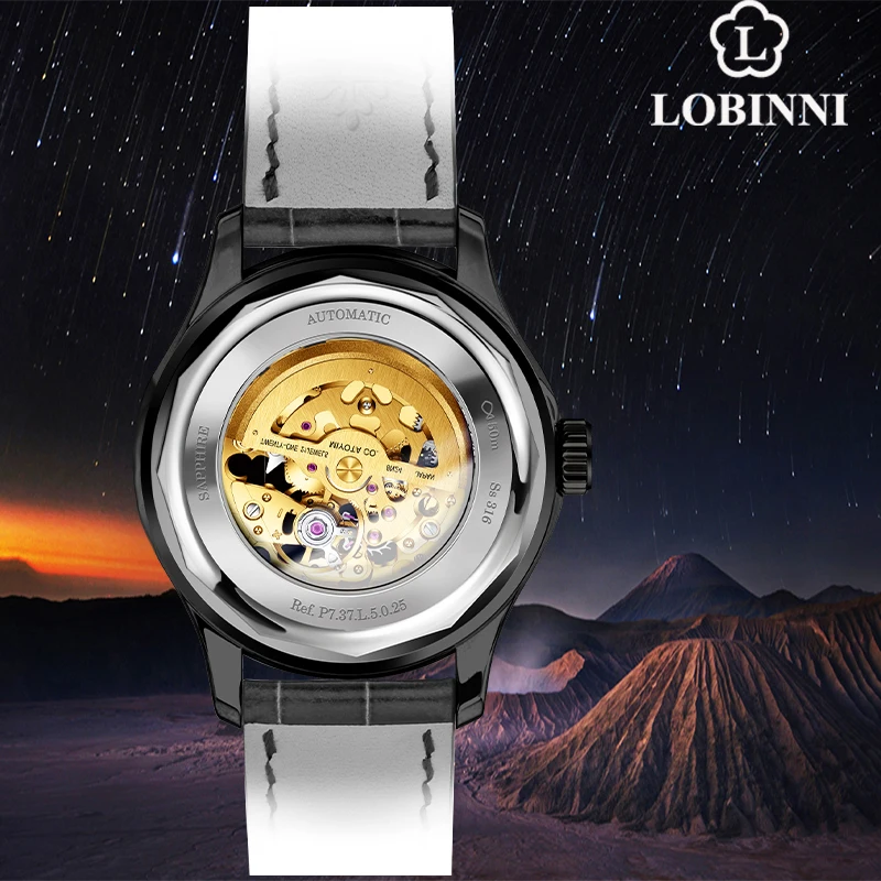 LOBINNI أعلى العلامة التجارية الهيكل العظمي الساعات الميكانيكية الياقوت الزجاج للماء الرجال الساعات الأوتوماتيكية
