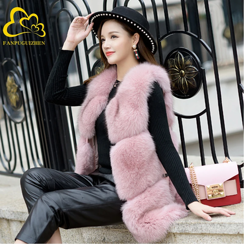 Women's Imitation Fox Fur Vest Female Long Slim Faux Fur Vest Warm Sleeveless Gilet Pink Coat for Women Autumn Winter New