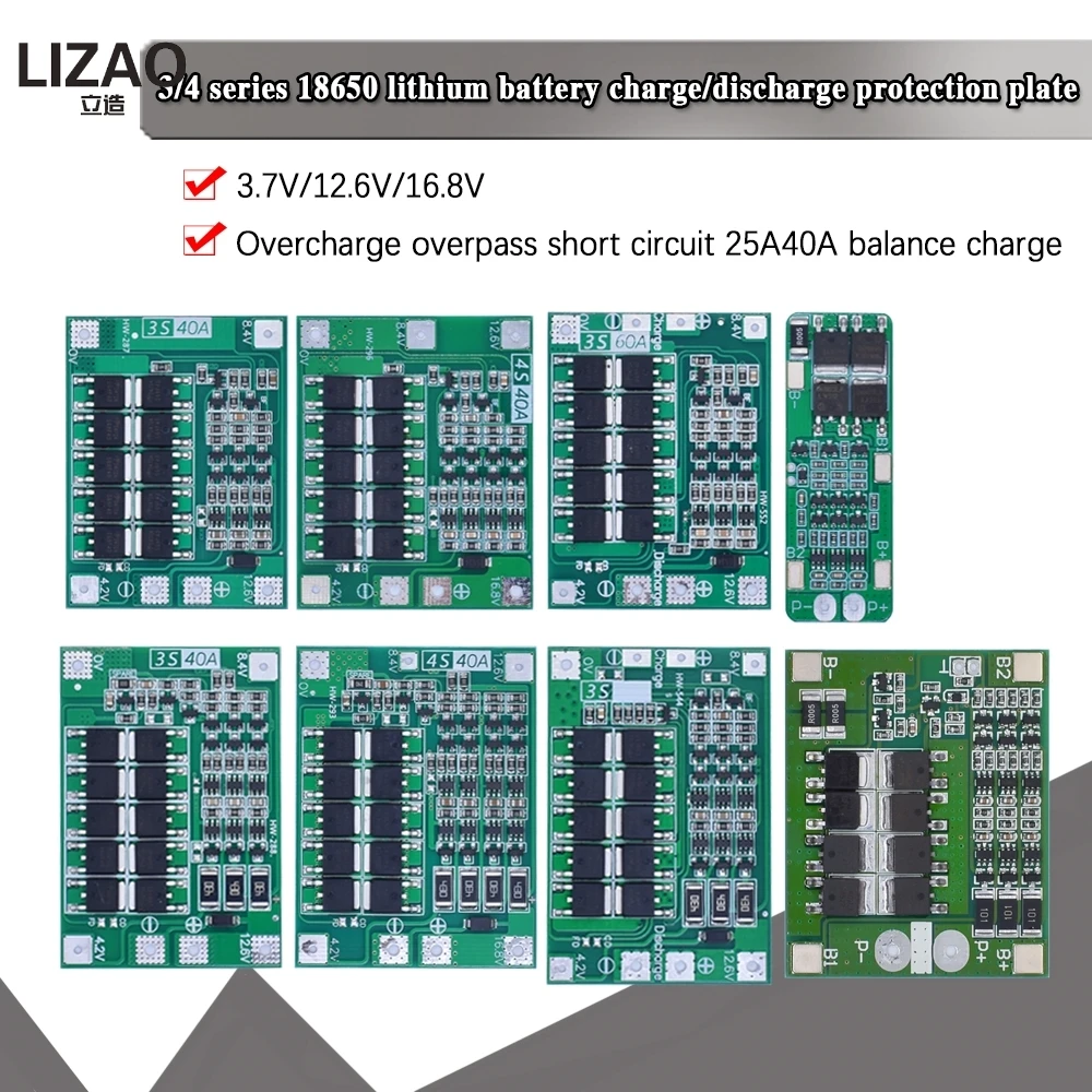 3S/4S 20 40A 60A Li-ion Lithium Battery Charger Protection Board 18650 BMS Drill Motor 11.1V 12.6V/14.8V 16.8V Enhance/Balance