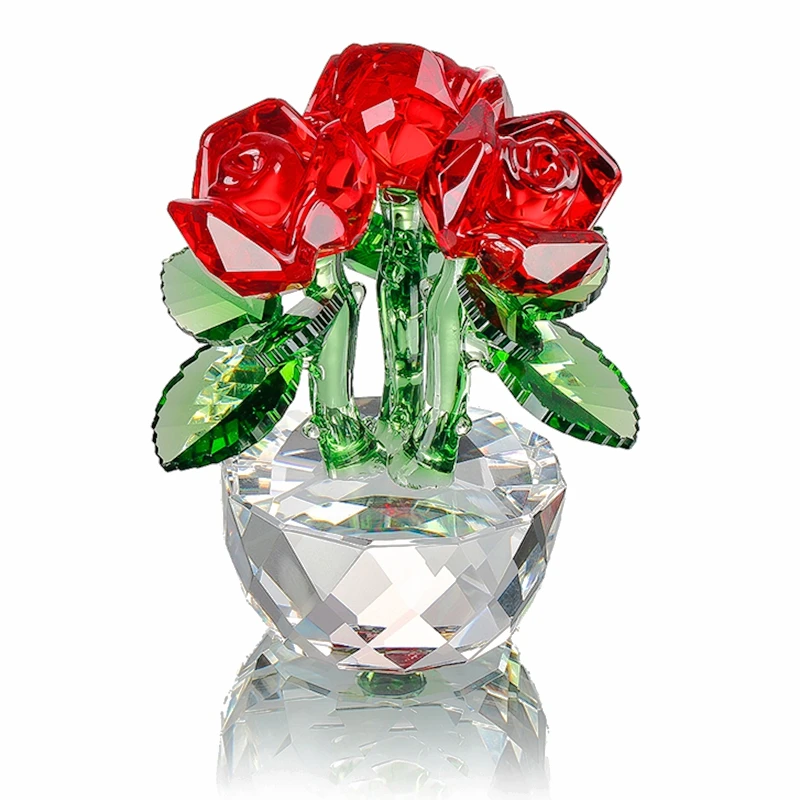 

X'mas Gifts Crystal Three Red Roses Figurines Paperweight Crafts&Collection Table Ornaments Souvenir Home Wedding Decorative