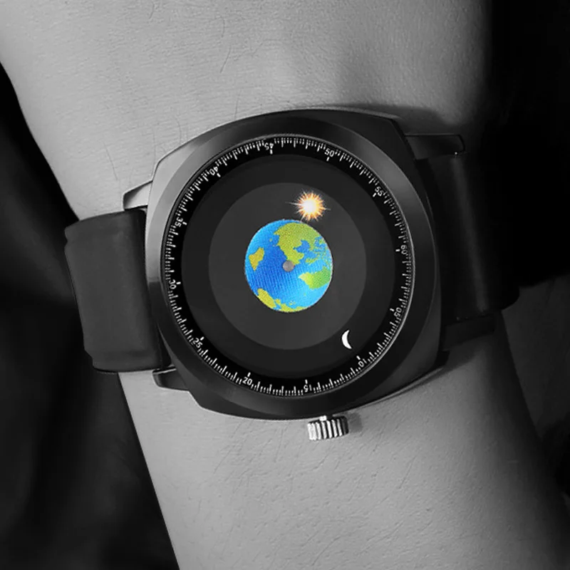 Addies Watches Men Creative Design Rotation Earth Moon Sun Watch Waterproof Quartz Wristwatches Men Sports Watches Reloj Hombre