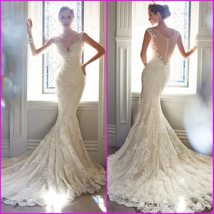 2021 Sexy scollo a v senza maniche mariage champagne abito da sposa Backless pizzo sirena fuori dalla spalla più abiti da sposa su misura