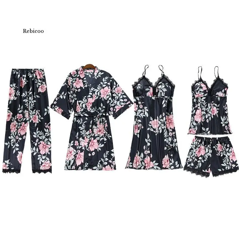 

Women Sexy Pajamas Set Satin Sleepwear with Chest Pad Outer Wear Nightdress Printing Ultra-Thin Silk Cool Comfortable