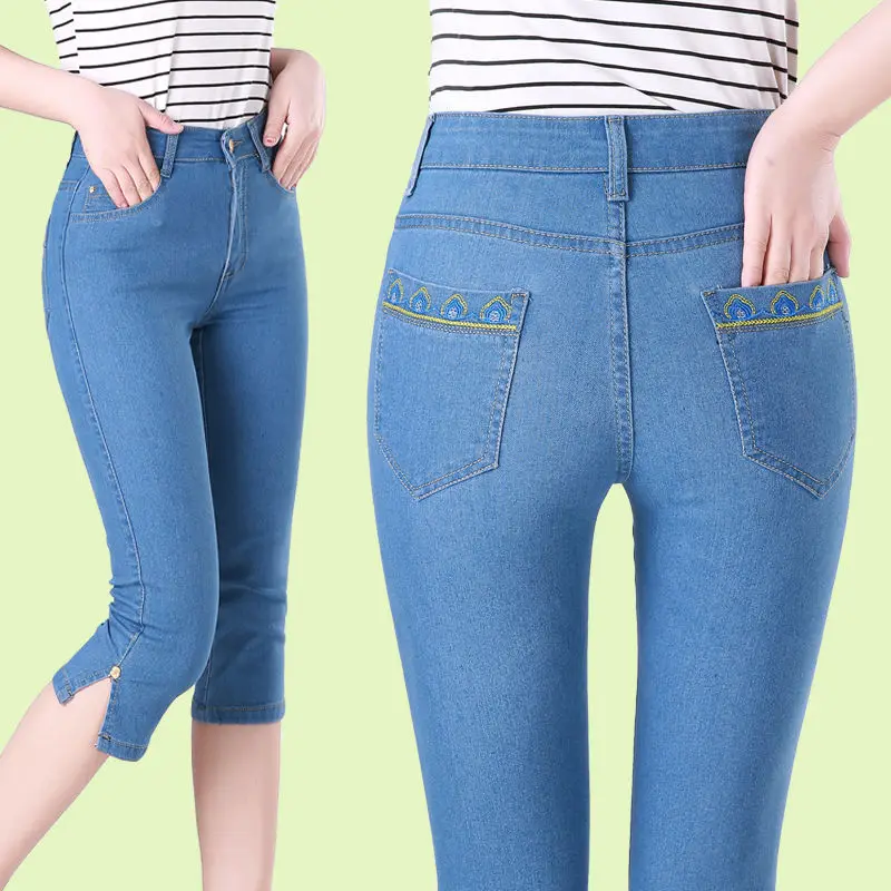 Celana jins wanita, celana Denim Capri hitam melar, Jeans panjang betis kurus kasual musim panas 2023