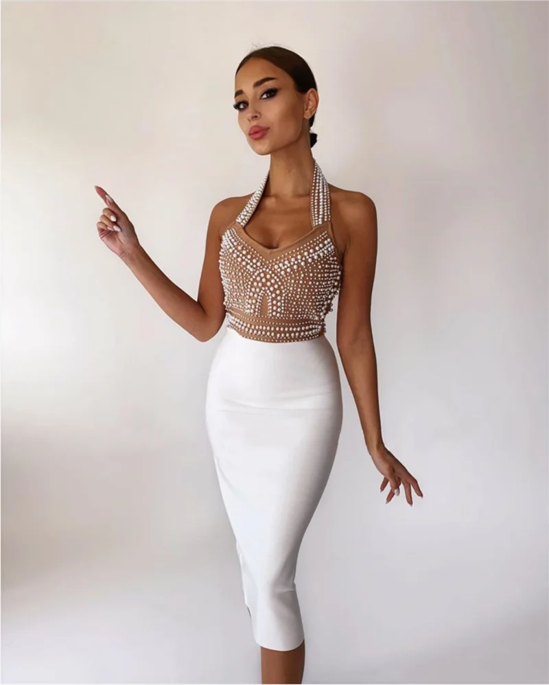 Top Quality High Street White Black Sexy Off Shoulder Sleeveless Beading Shining Knee Length Bandage Dress  2020 Celebrity Party