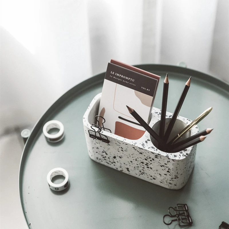 

Classic Terrazzo Office Desk Storage Box Double Hole Pen Business Card Organize