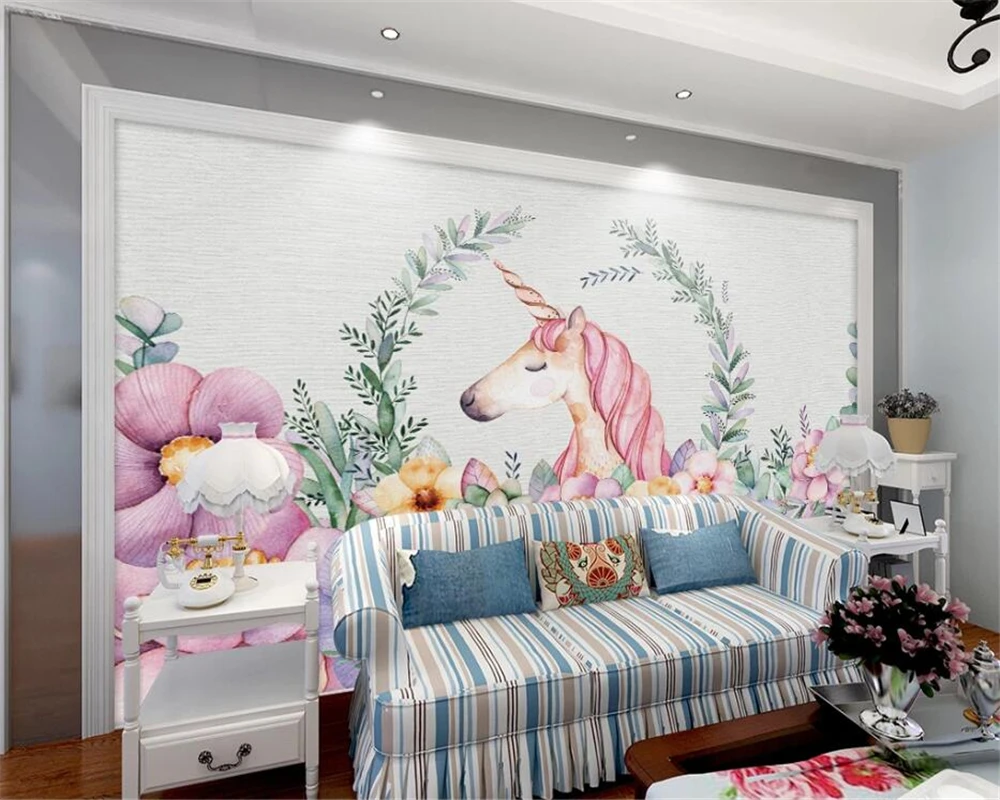 Custom photo mural wallpaper hand-painted flowers unicorn TV children room bedroom wall 3d wallpaper papier peint