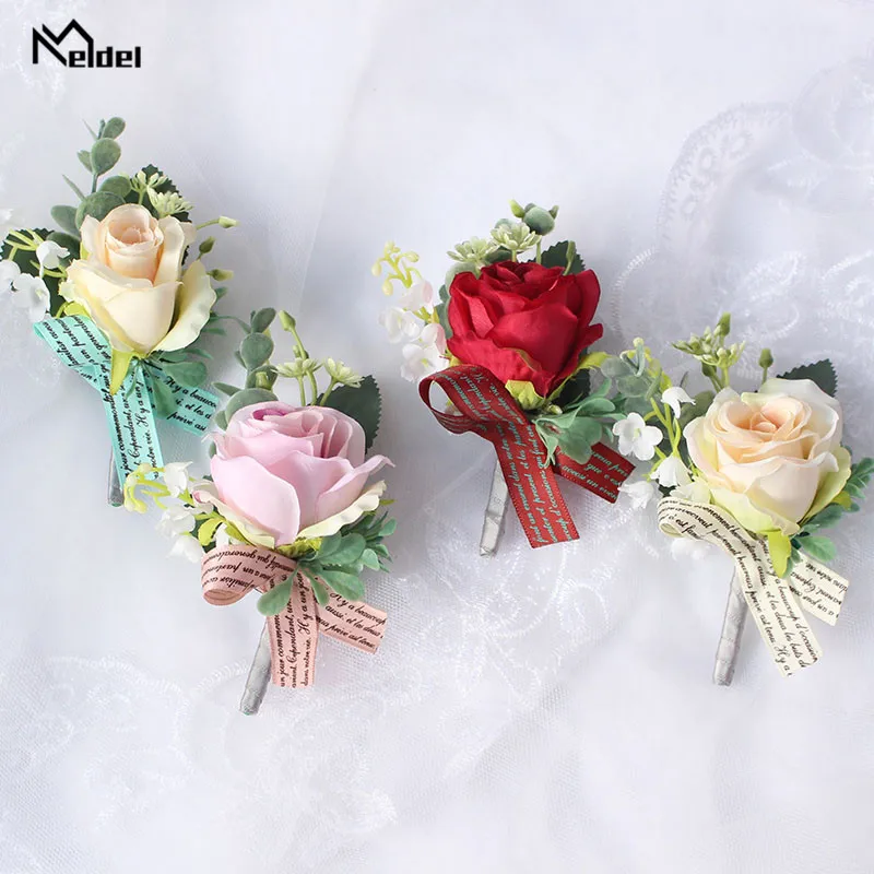 Meldel Zijde Rose Boutonniere Mannen Corsage Bruiloft Corsage Armband Bruidsmeisje Flowerwedding Bruidegom Knoopsgat Huwelijk Accessoires