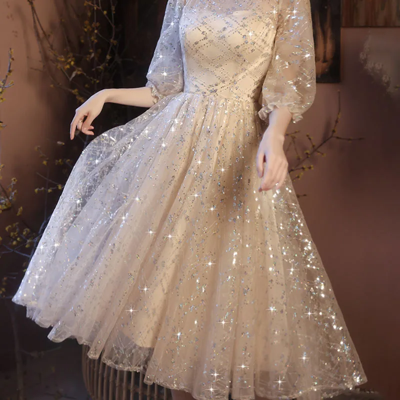 New Short Sequin Tulle Champagne Color Prom Dress DongCMY Plus Size Elegant Robes Soirees A-Line Evening Party For Women