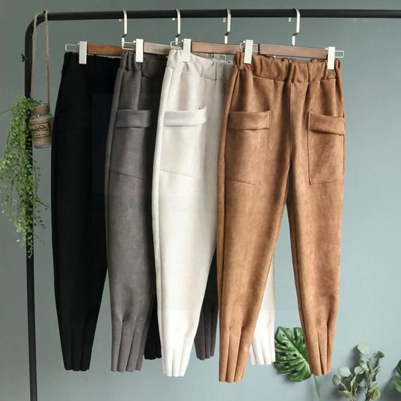 2022 Spring autumn Suede Women's Harem Pants Elastic waist Pockets Casual joggers Women Trousers Loose Solid Pencil Pants